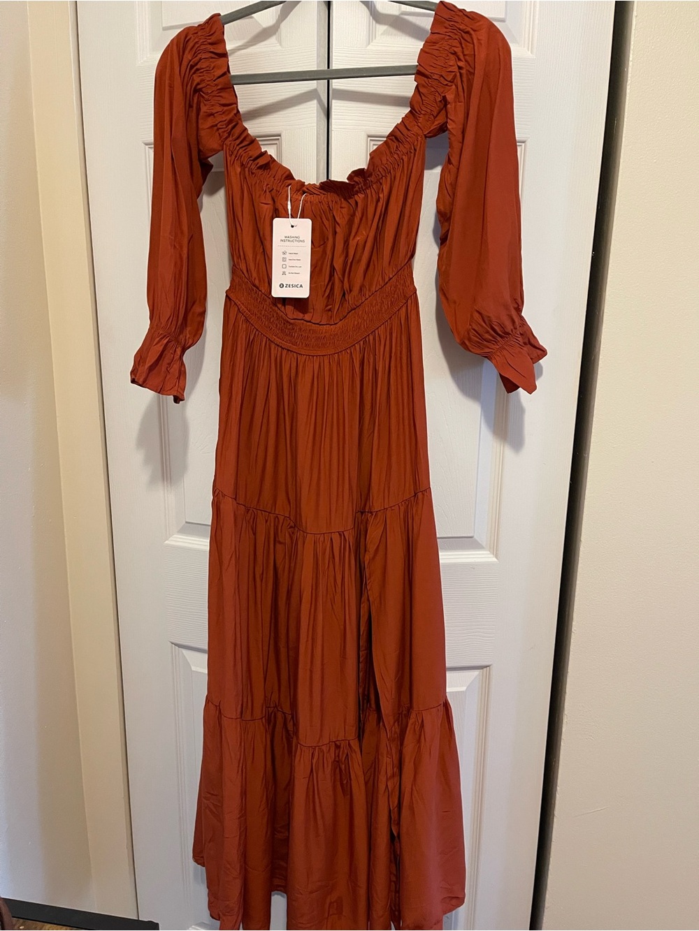 Smocked Waist Rust Maxi Dress with Long Puff Sleeves